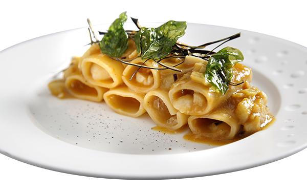 Paccheri con rana pescatrice, melanzane e datterini gialli del Vesuvio al profumo di basilico 1